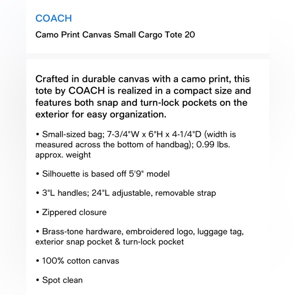 Coach Camo Print Canvas Small Cargo Tote 20 New without tags never used!! 🔥🔥 - Picture 15 of 16